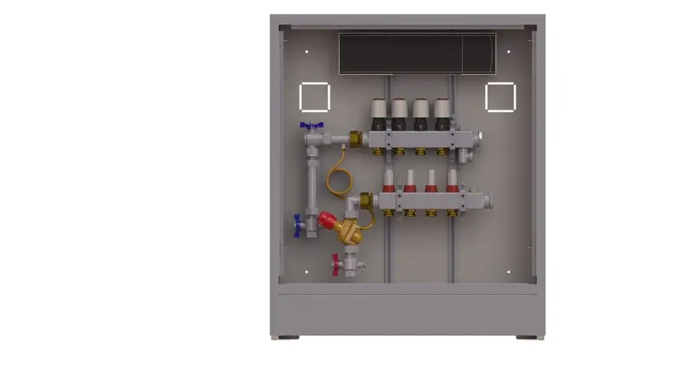 Danfoss Heizstation mit mehreren Ventilen und Rohrleitungen für den Heizkreis. Klare Anordnung der Komponenten in einem grauen Gehäuse.